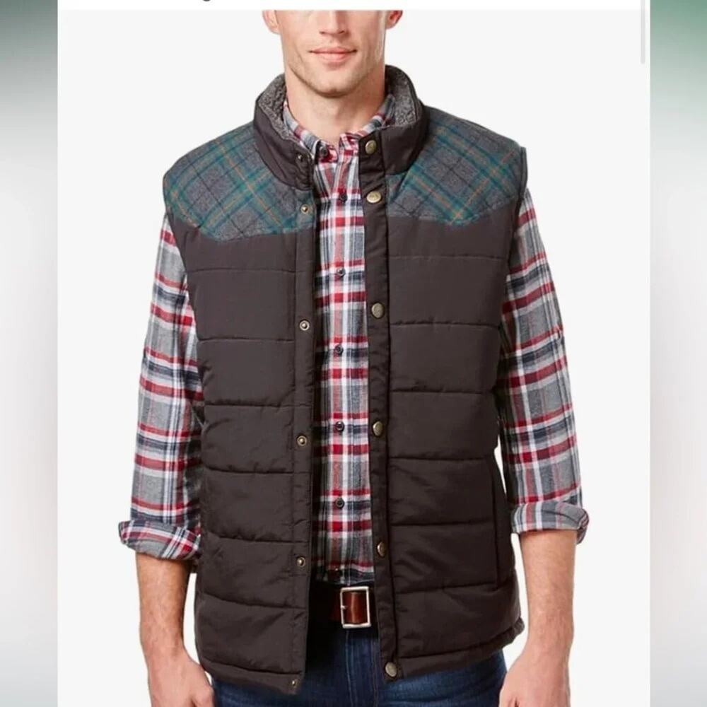 Weatherproof Vintage Mens Puffer Vest Medium Black Plaid Cabincore Outdoor